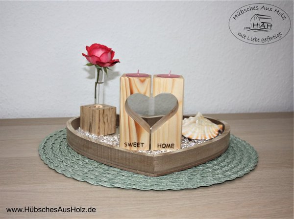 Teelichthalter Herz "eckig" aus Fichtenholz mit Wunschgravur (2 Teile)